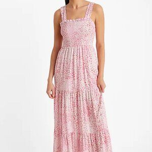 Express Linen Blend Printed Square Neck Sleeveless Smocked Tiered Maxi Dress